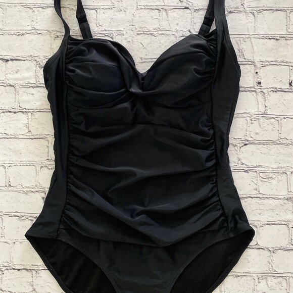 Island Pearls Black Shirred Slimming 1 Piece Swimsuit Size‎ 16 Adjustable Strap - Picture 1 of 16